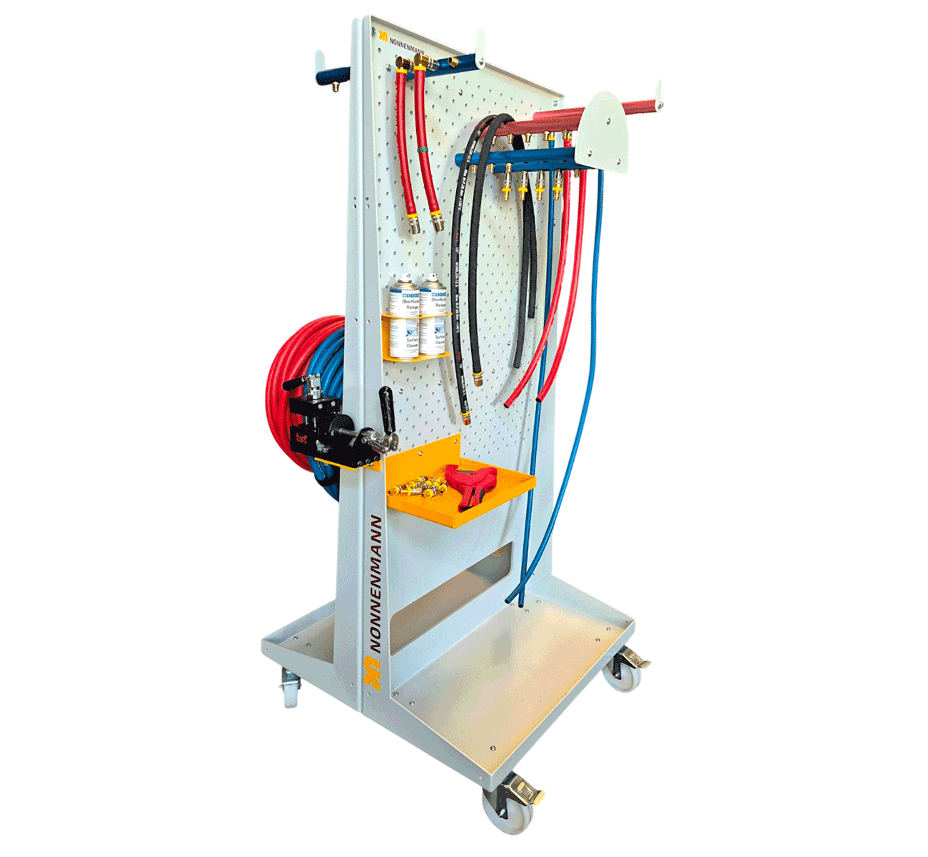 Hose trolley with support rods, shelves and hose assembly device